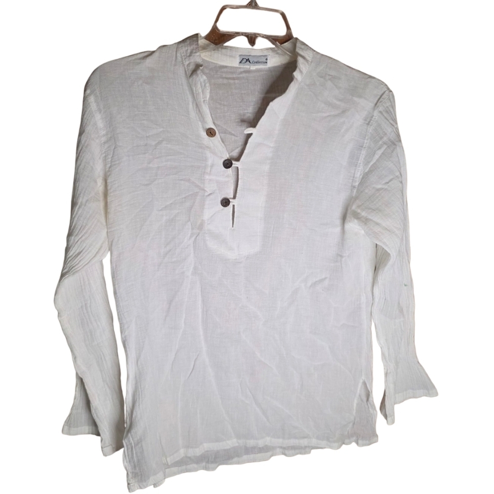 DA Collection White Linen Button Front Blouse Size M